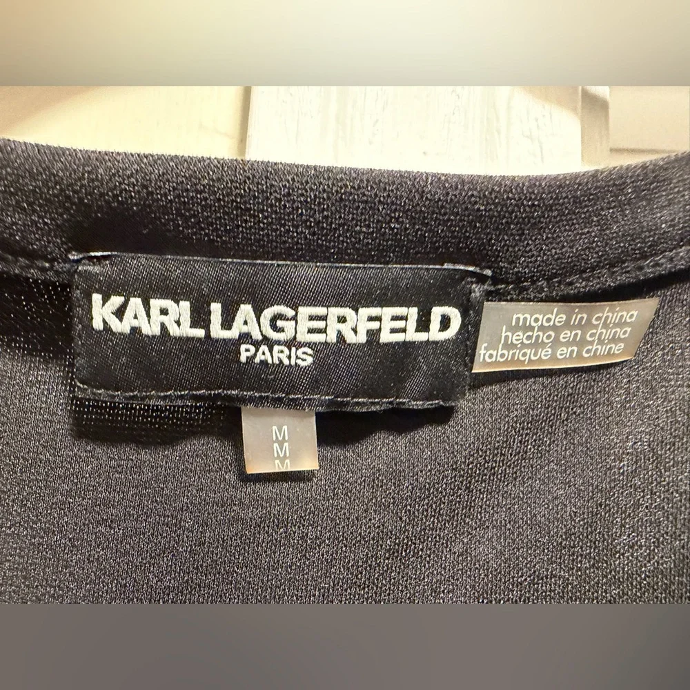 NWT. Karl Lagerfeld Monogramed Mixed-Media Pleated Midi Dress - Picture 9 of 10